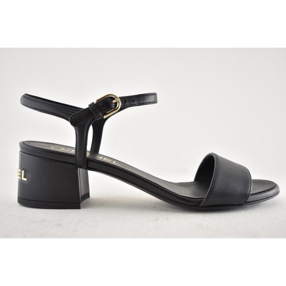 Chanel 24C Black Lambskin Leather Gold Logo Ankle Strap Block Heel Sandal 38 - Picture 2 of 14